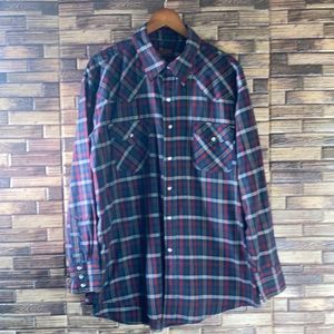 Vintage 80’s Mens XL Plains Western Wear Blue & Red Plaid Button Down Shirt